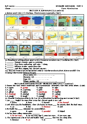 Bài kiểm tra 1 tiết môn Tiếng Anh Lớp 7 (Có đáp án)